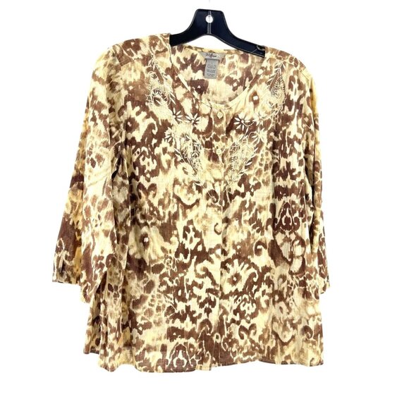IB Diffusion 3/4 Sleeve Brown Floral Tie Dye Button Boho Top Shirt Size Large - Picture 1 of 12